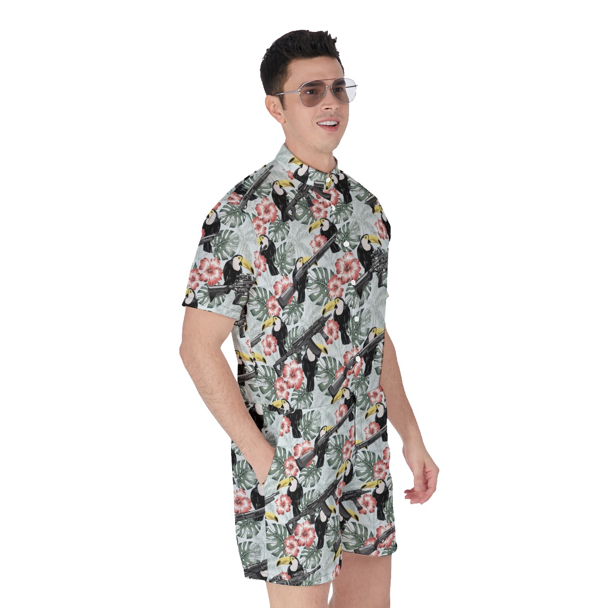 Cool Tactical Gun Toucan Tropical Hibiscus Hawaiian Romper For Men