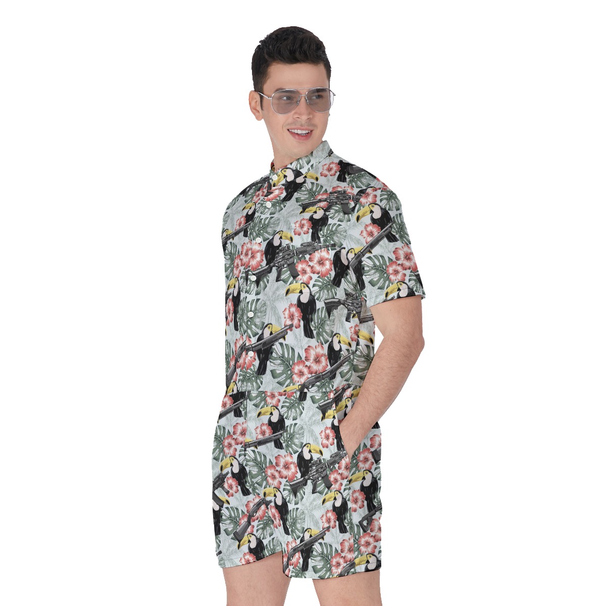 Cool Tactical Gun Toucan Tropical Hibiscus Hawaiian Romper For Men