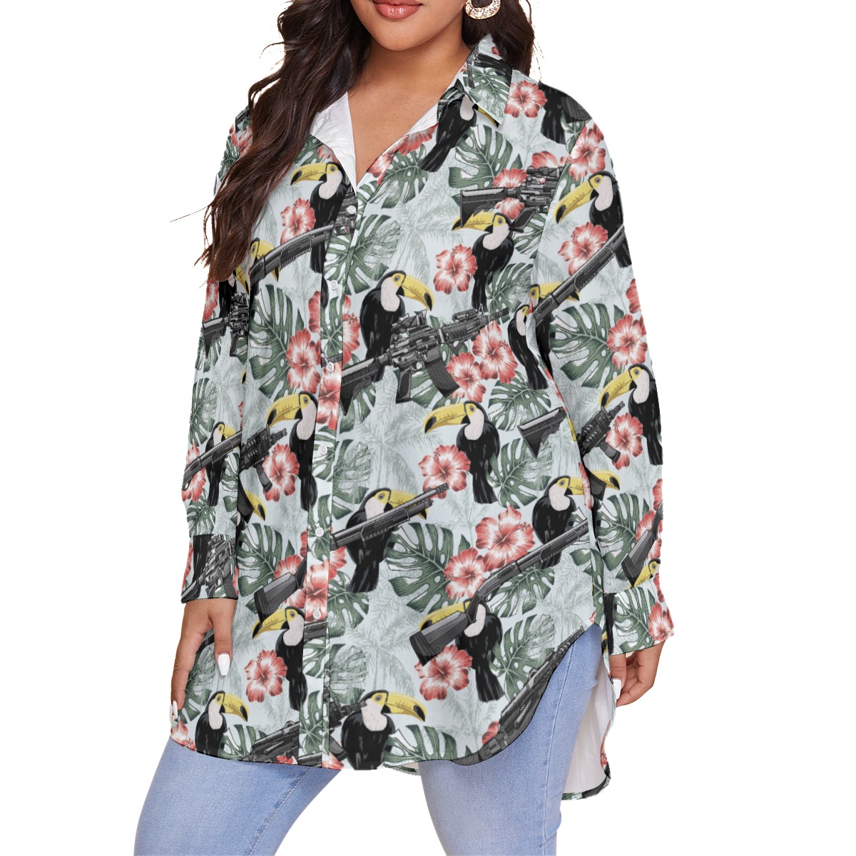 Tropical Hibiscus Toucan Tactical Gun Women's Hawaiian Plus Size Shirt