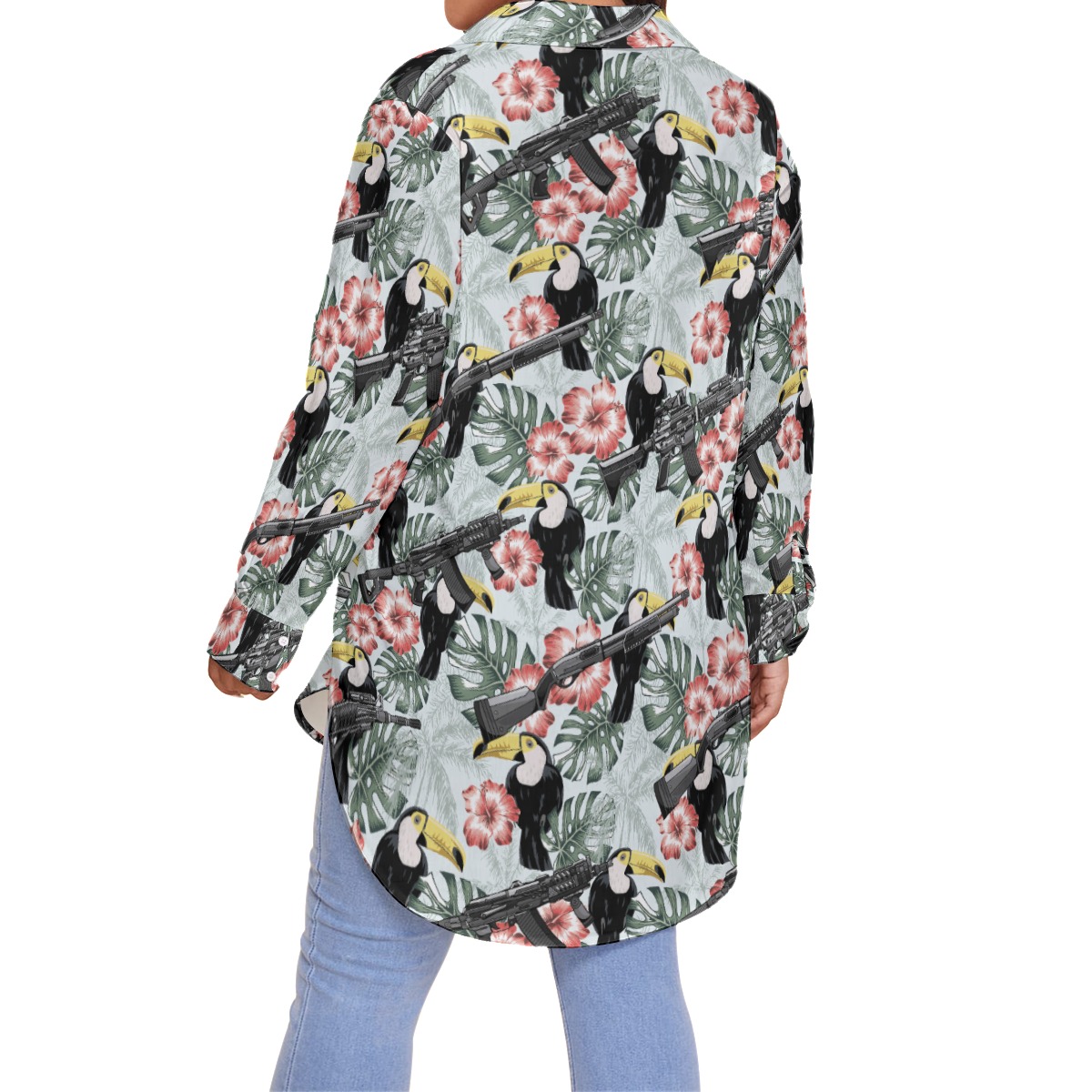 Tropical Hibiscus Toucan Tactical Gun Women's Hawaiian Plus Size Shirt