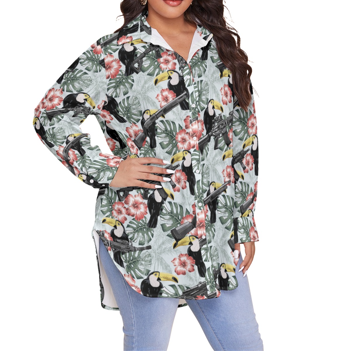 Tropical Hibiscus Toucan Tactical Gun Women's Hawaiian Plus Size Shirt