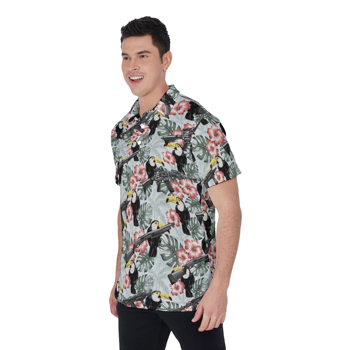 Tactical Gun Toucan Tropical Hibiscus Hawaiian Men's Polo Shirt
