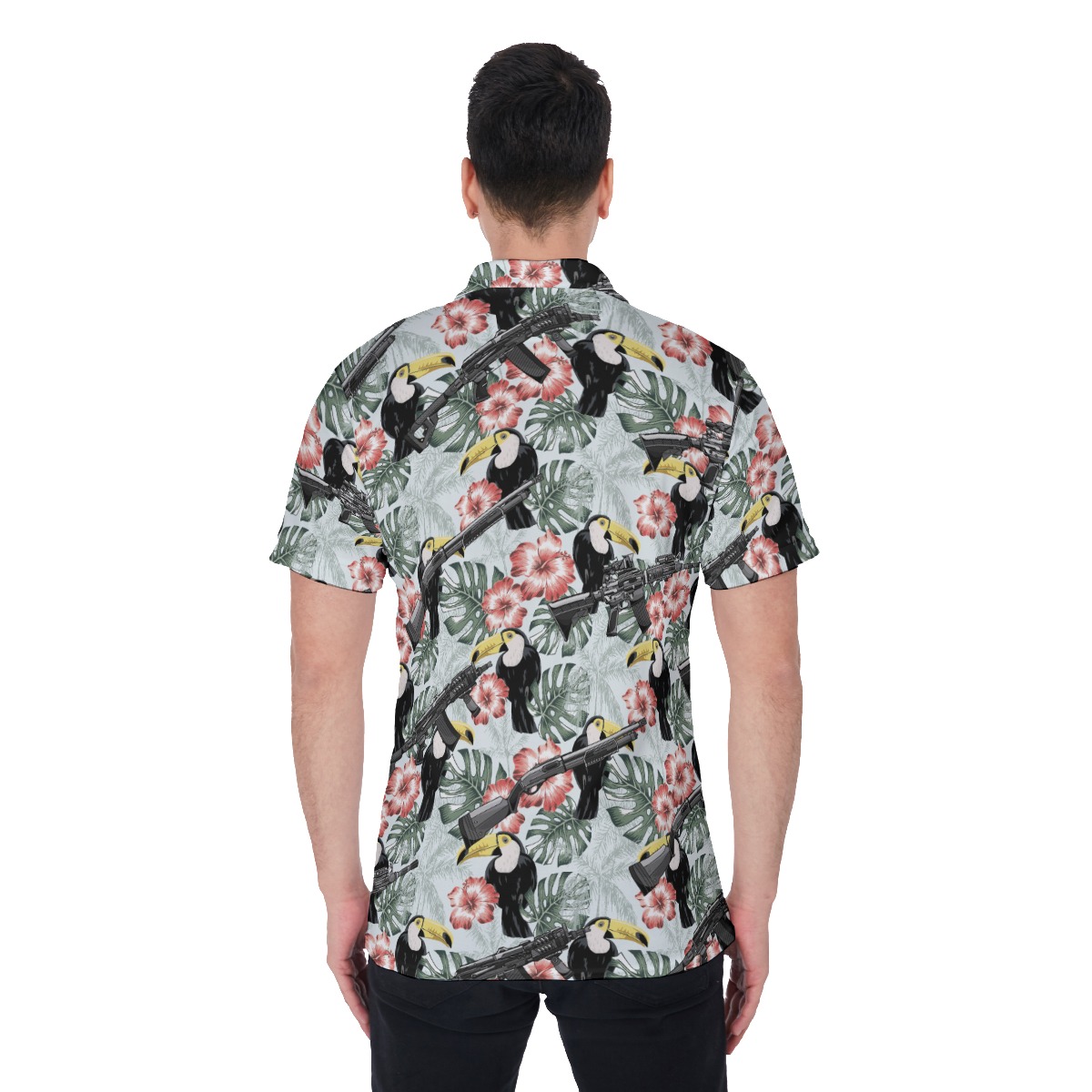 Tactical Gun Toucan Tropical Hibiscus Hawaiian Men's Polo Shirt