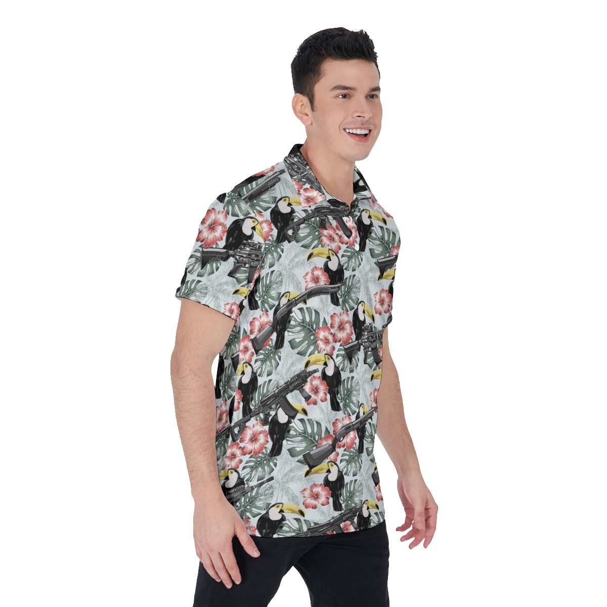 Tactical Gun Toucan Tropical Hibiscus Hawaiian Men's Polo Shirt