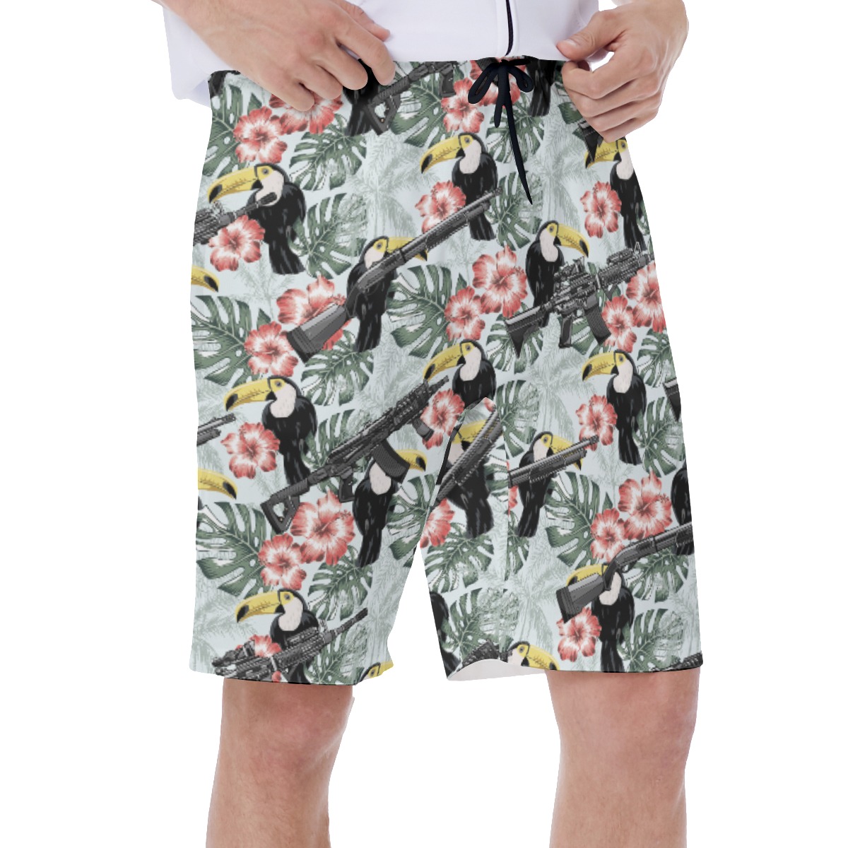 Hibiscus Toucan Tactical Gun Hawaiian Swim Trunks For Men