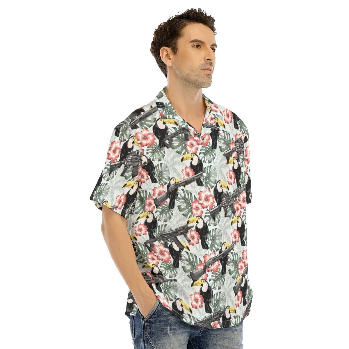Tactical Toucan Hibiscus Gun Hawaiian Shirt
