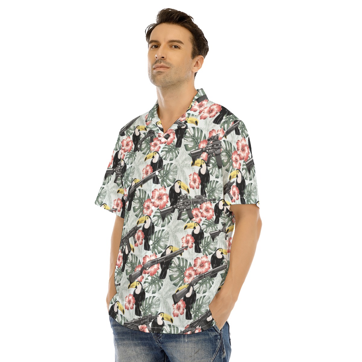 Tactical Toucan Hibiscus Gun Hawaiian Shirt
