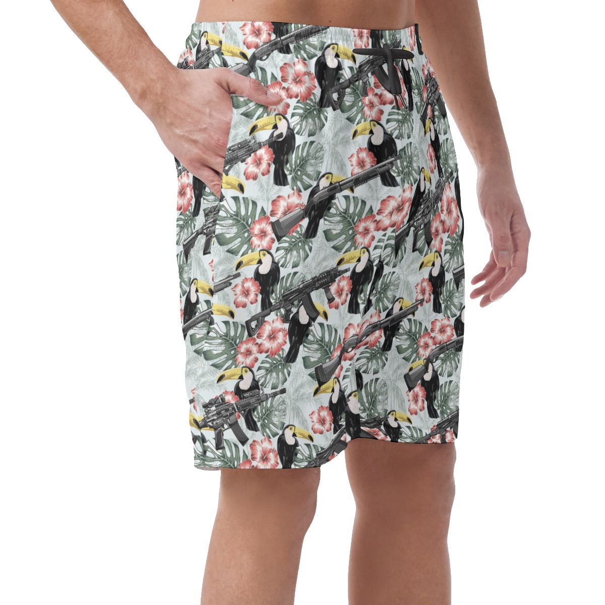 Tropical Toucan Gun Tactical Hibiscus Hawaiian Beach Shorts For Men