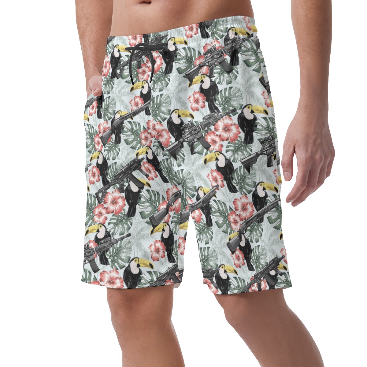 Tropical Toucan Gun Tactical Hibiscus Hawaiian Beach Shorts For Men