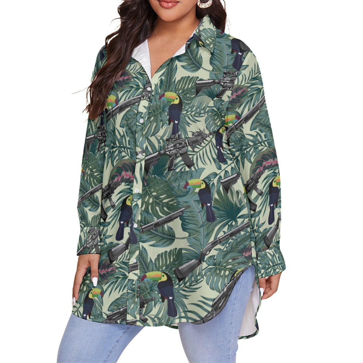Tropical Toucan Tactical Gun Hawaiian Plus Size Shirt For Women