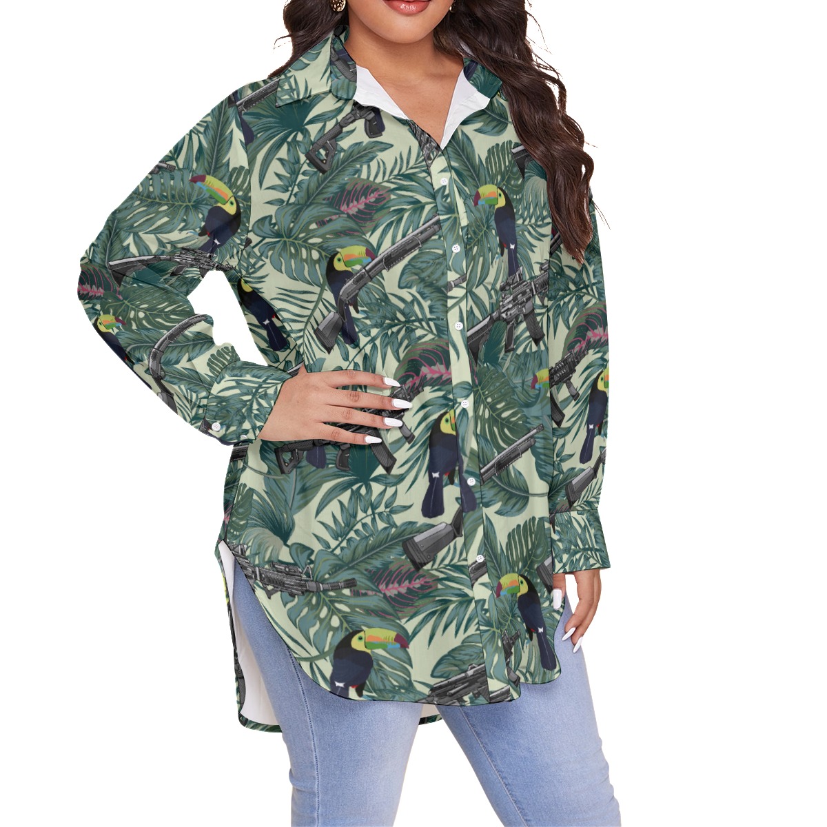 Tropical Toucan Tactical Gun Hawaiian Plus Size Shirt For Women