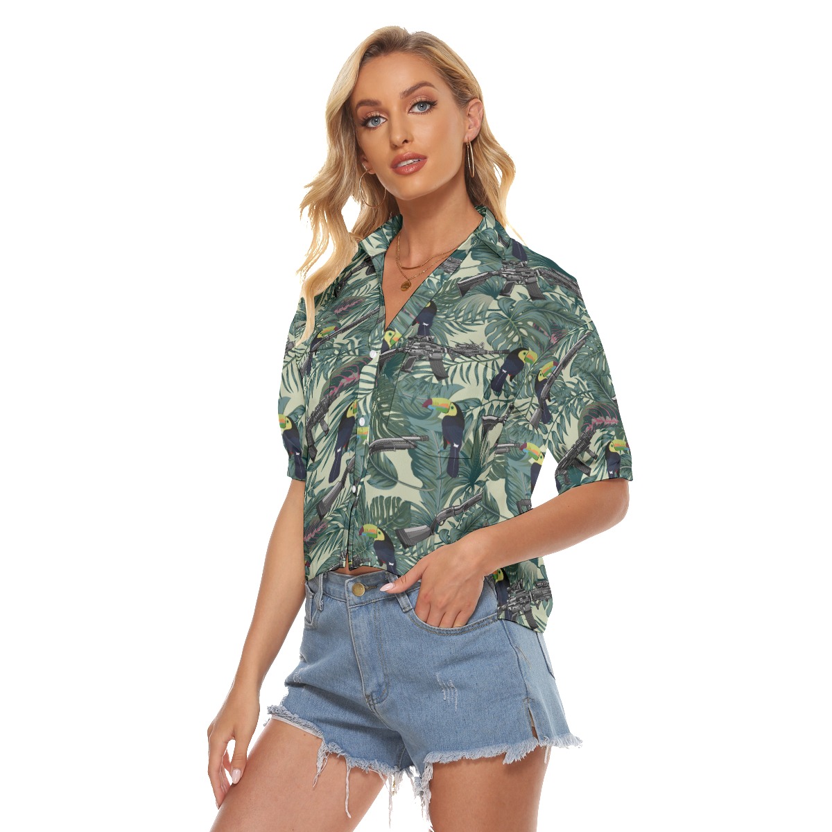 Tropical Toucan Long Gun Tactical Hawaiian Cropped Shirt