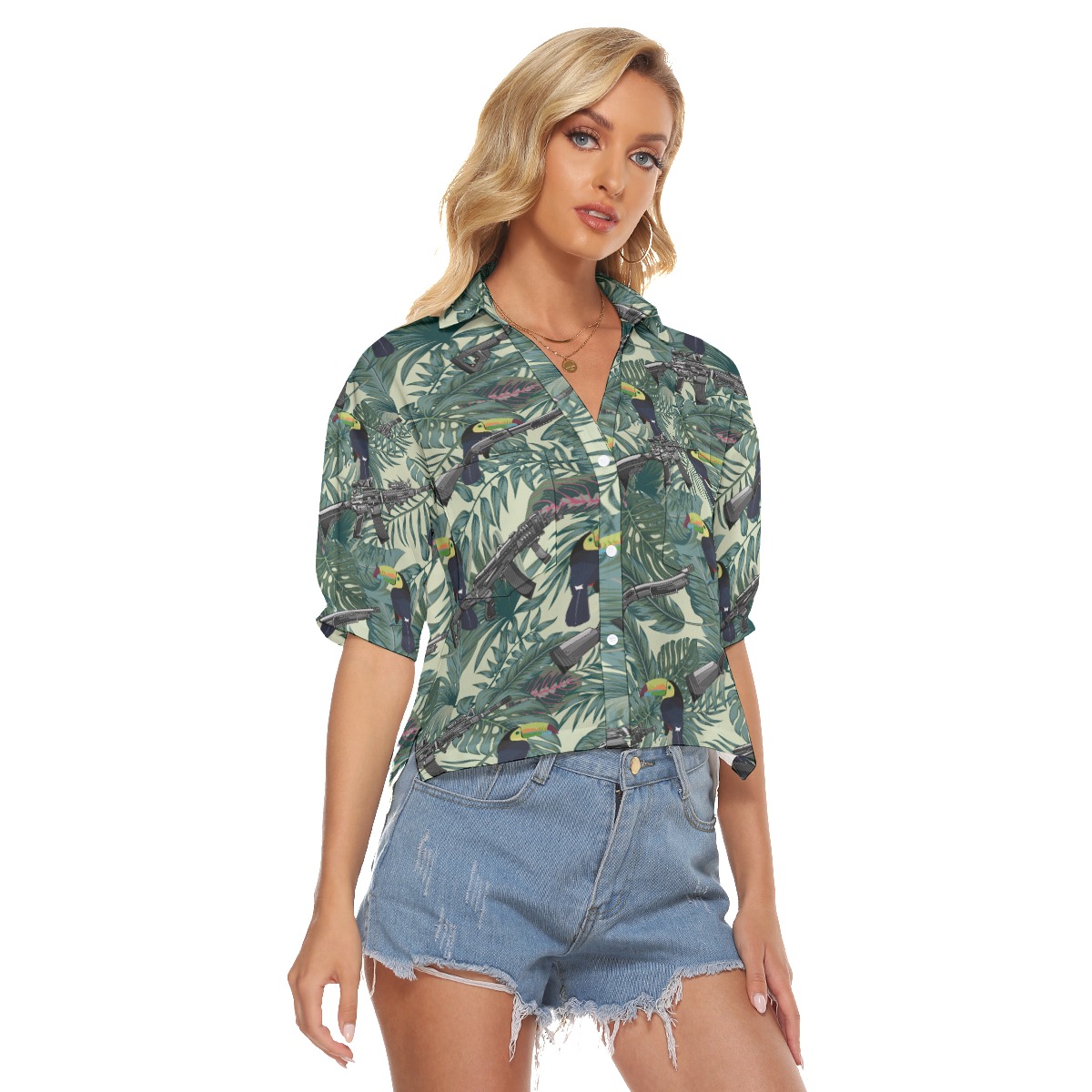 Tropical Toucan Long Gun Tactical Hawaiian Cropped Shirt