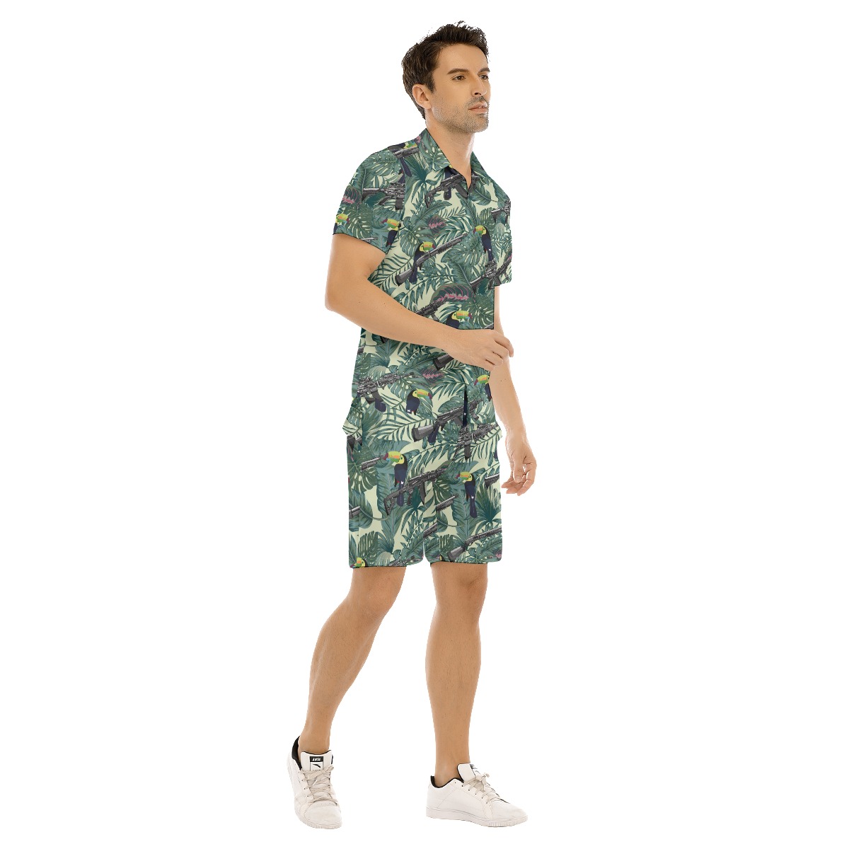 Set Tactical Gun Tropical Toucan Hawaiian Shirt And Matching Shorts For Men