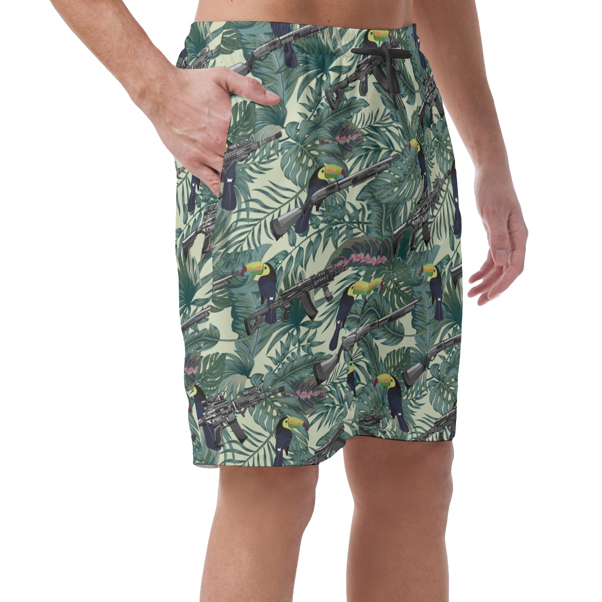 Tropical Tactical Gun Toucan Green Hawaiian Beach Shorts For Men