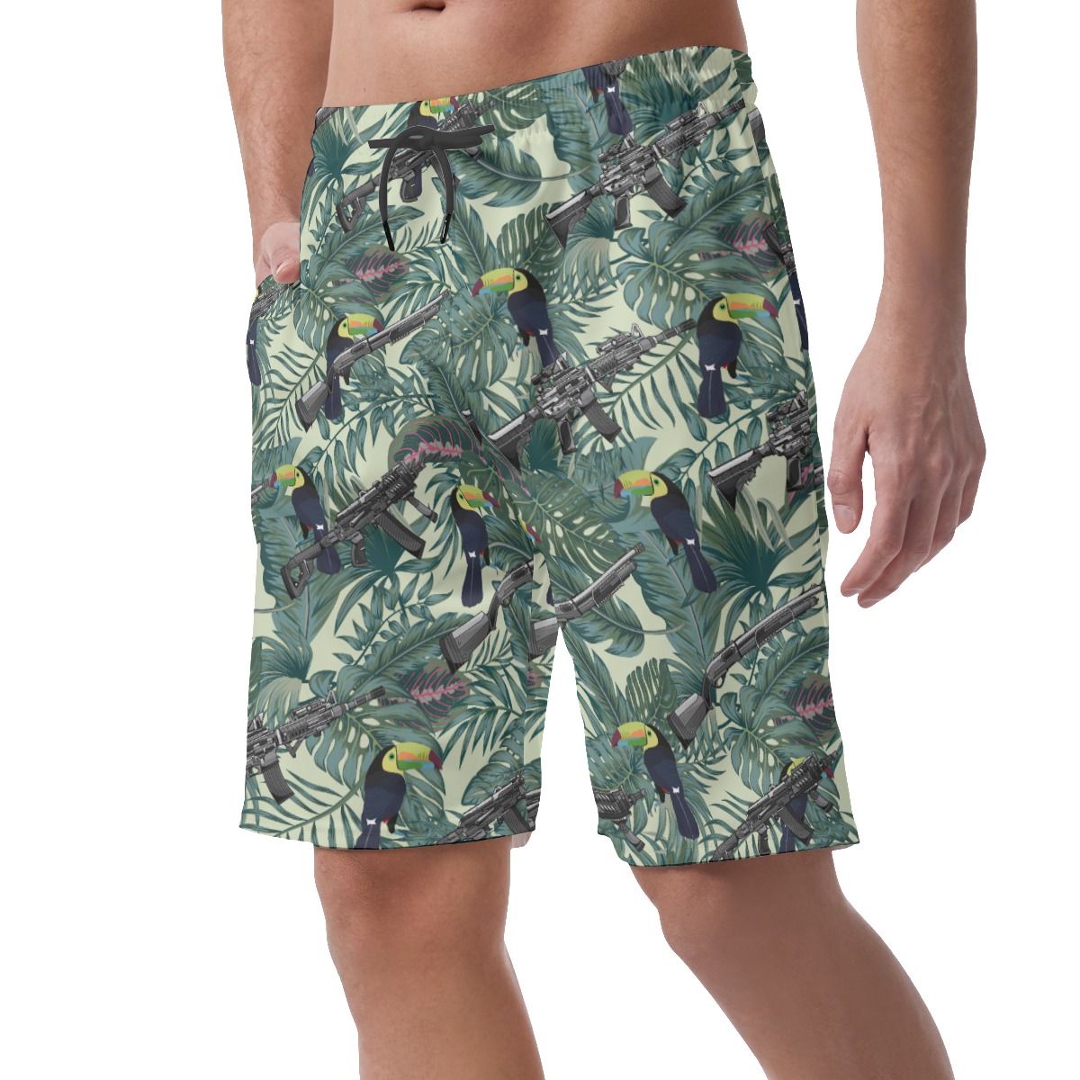 Tropical Tactical Gun Toucan Green Hawaiian Beach Shorts For Men