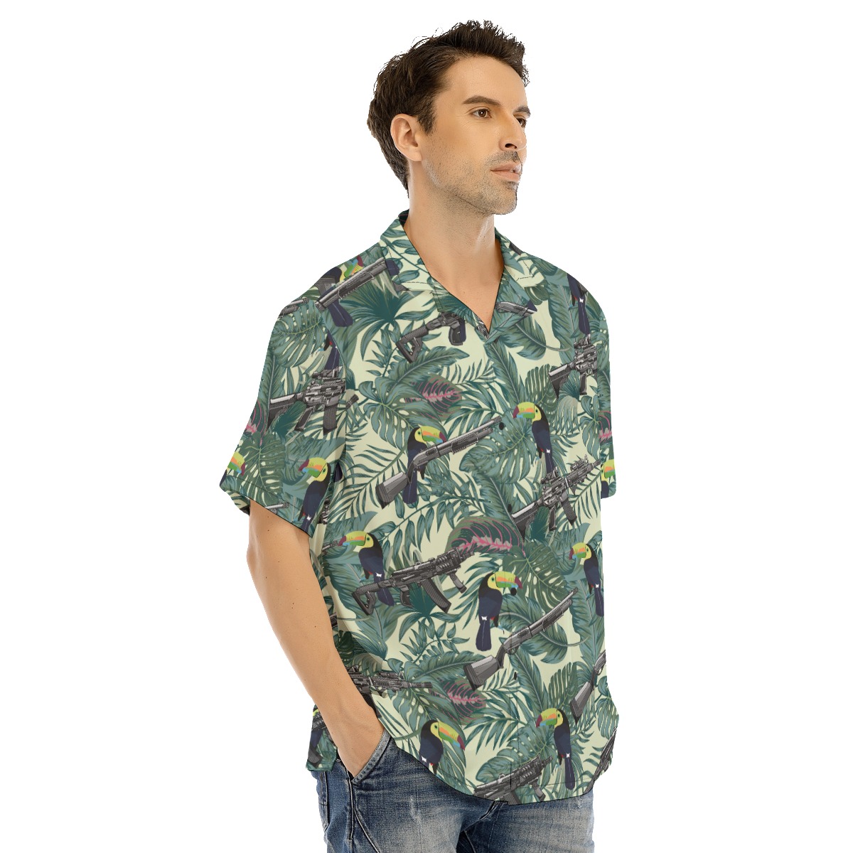 Tropical Toucan Tactical Gun Green Hawaiian Shirt