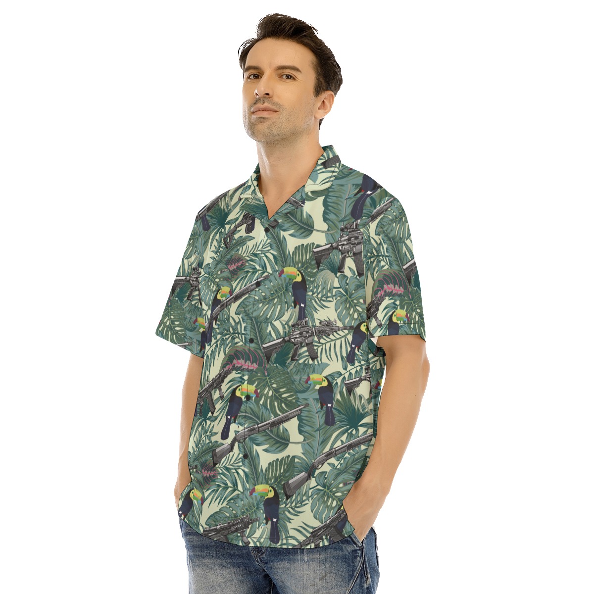 Tropical Toucan Tactical Gun Green Hawaiian Shirt