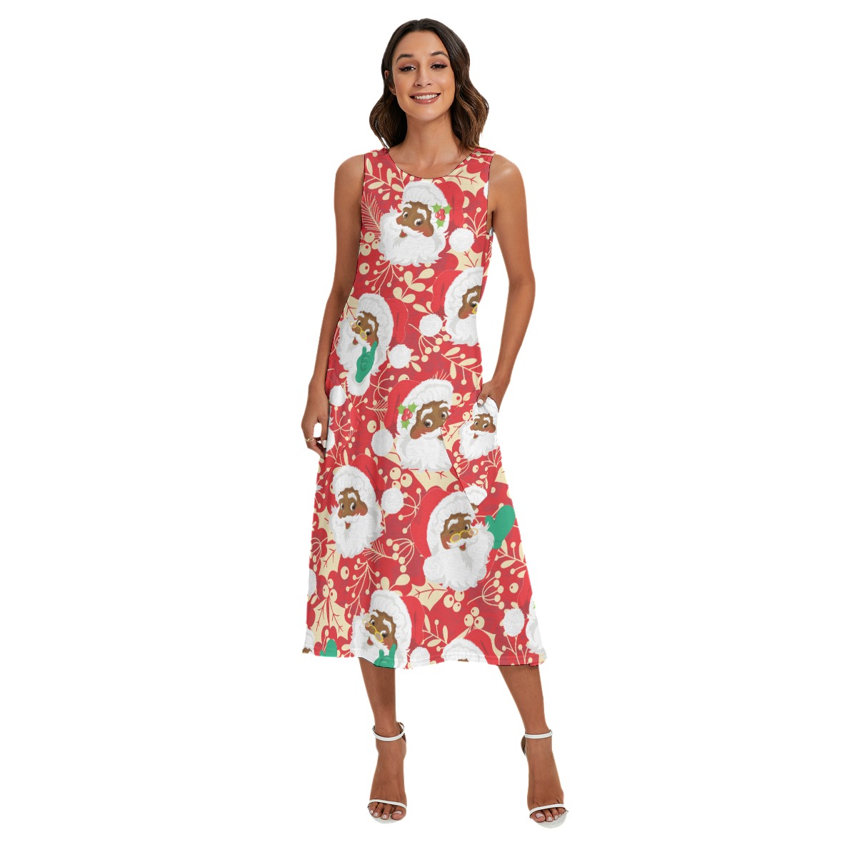 African Black Santa Hawaiian Long Christmas Dress With Pockets For Women
