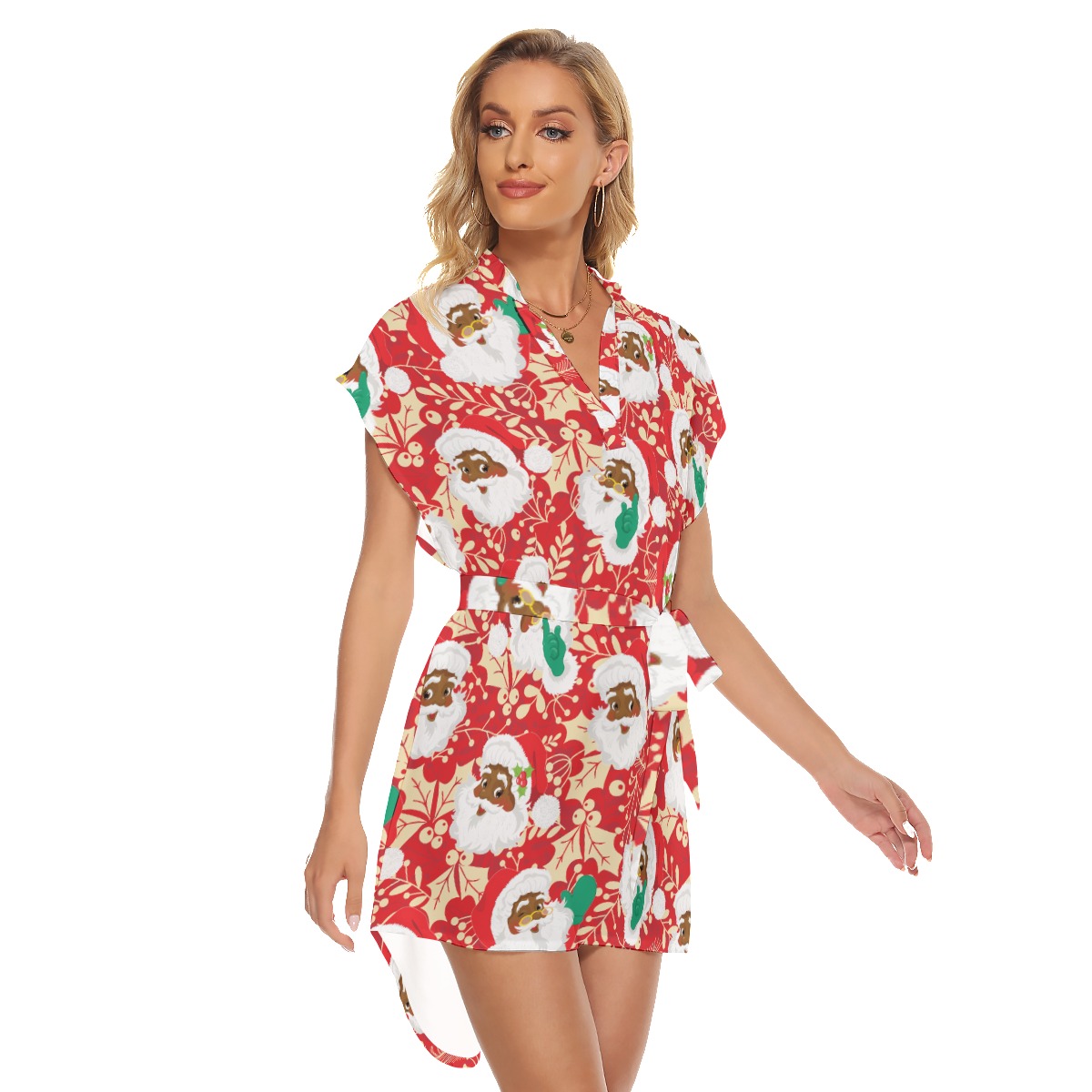 Pretty African American Santa Hawaiian Christmas Dress With Belt