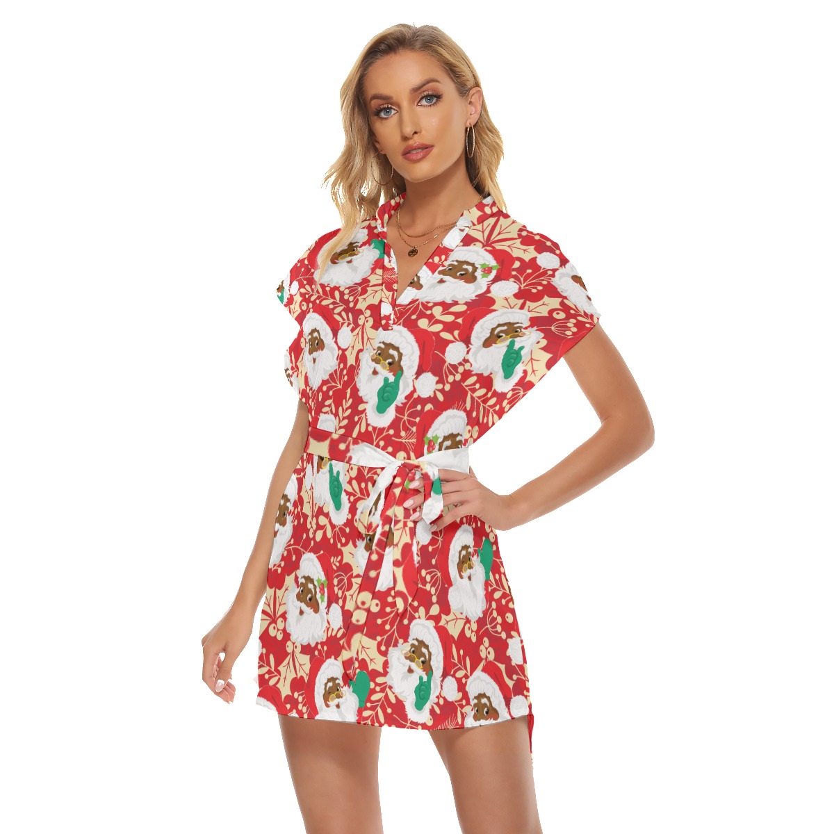 Pretty African American Santa Hawaiian Christmas Dress With Belt
