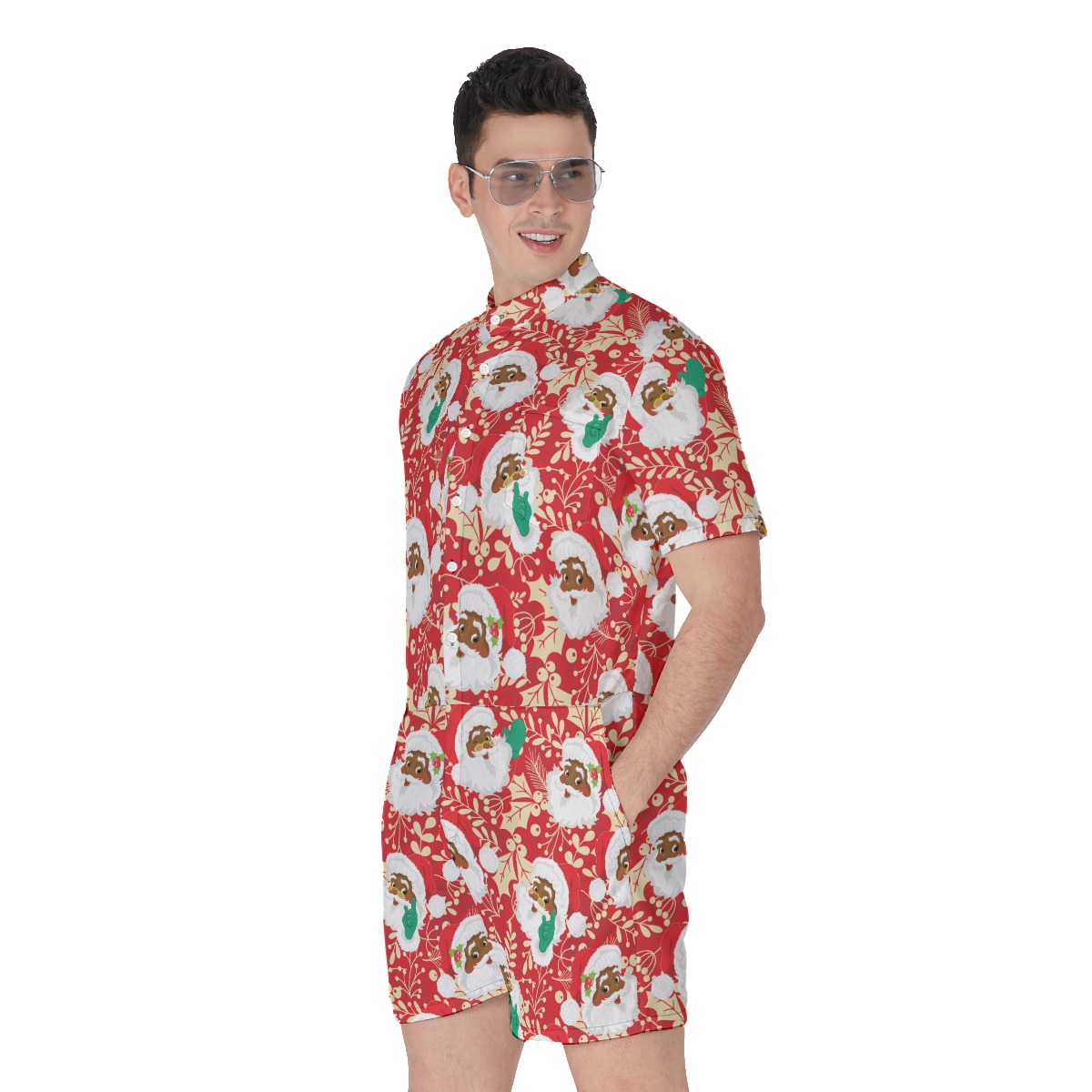 Cool Black Santa Merry Christmas Hawaiian Romper For Men