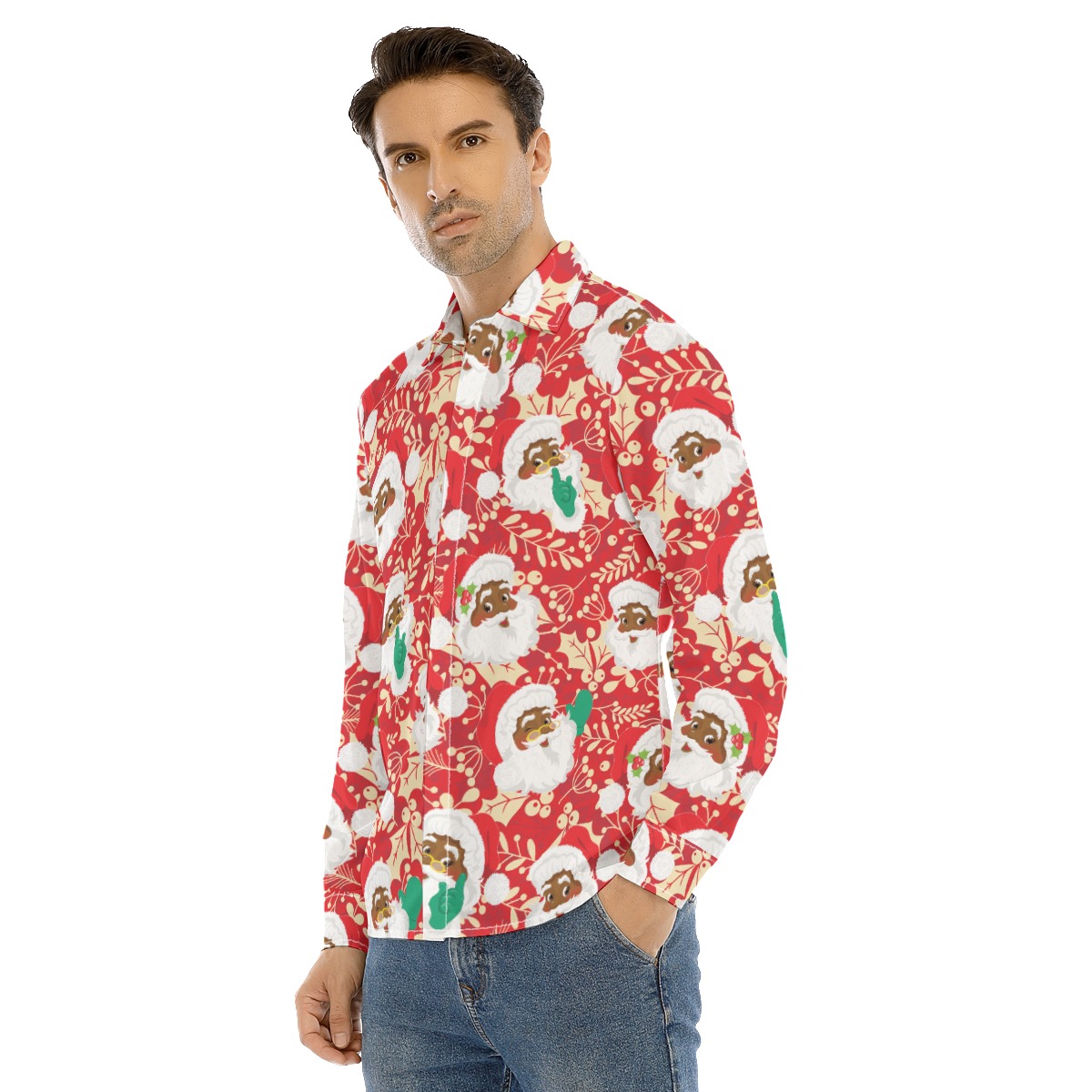 Africa American Santa Xmas Long Sleeve Hawaiian Shirt For Men