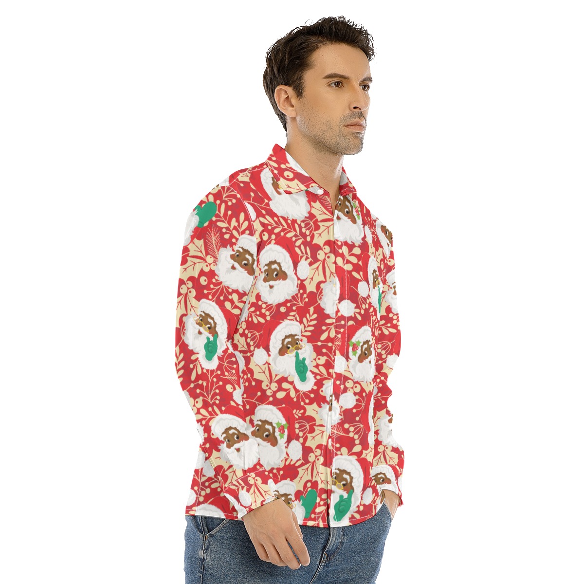 Africa American Santa Xmas Long Sleeve Hawaiian Shirt For Men