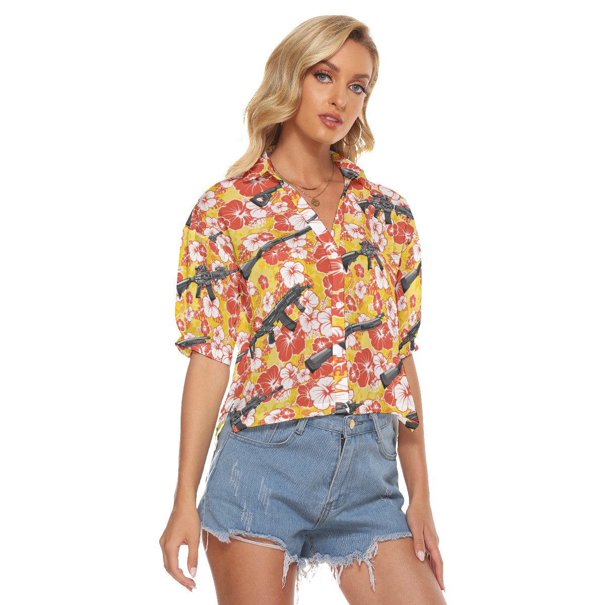 Hibiscus Tactical Gun Vintage Hawaiian Cropped Shirt For Women