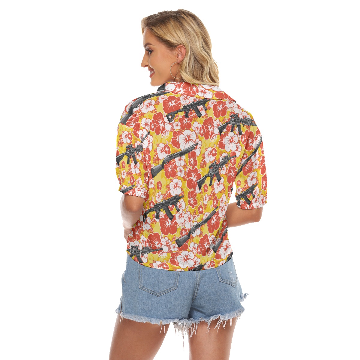 Hibiscus Tactical Gun Vintage Hawaiian Cropped Shirt For Women