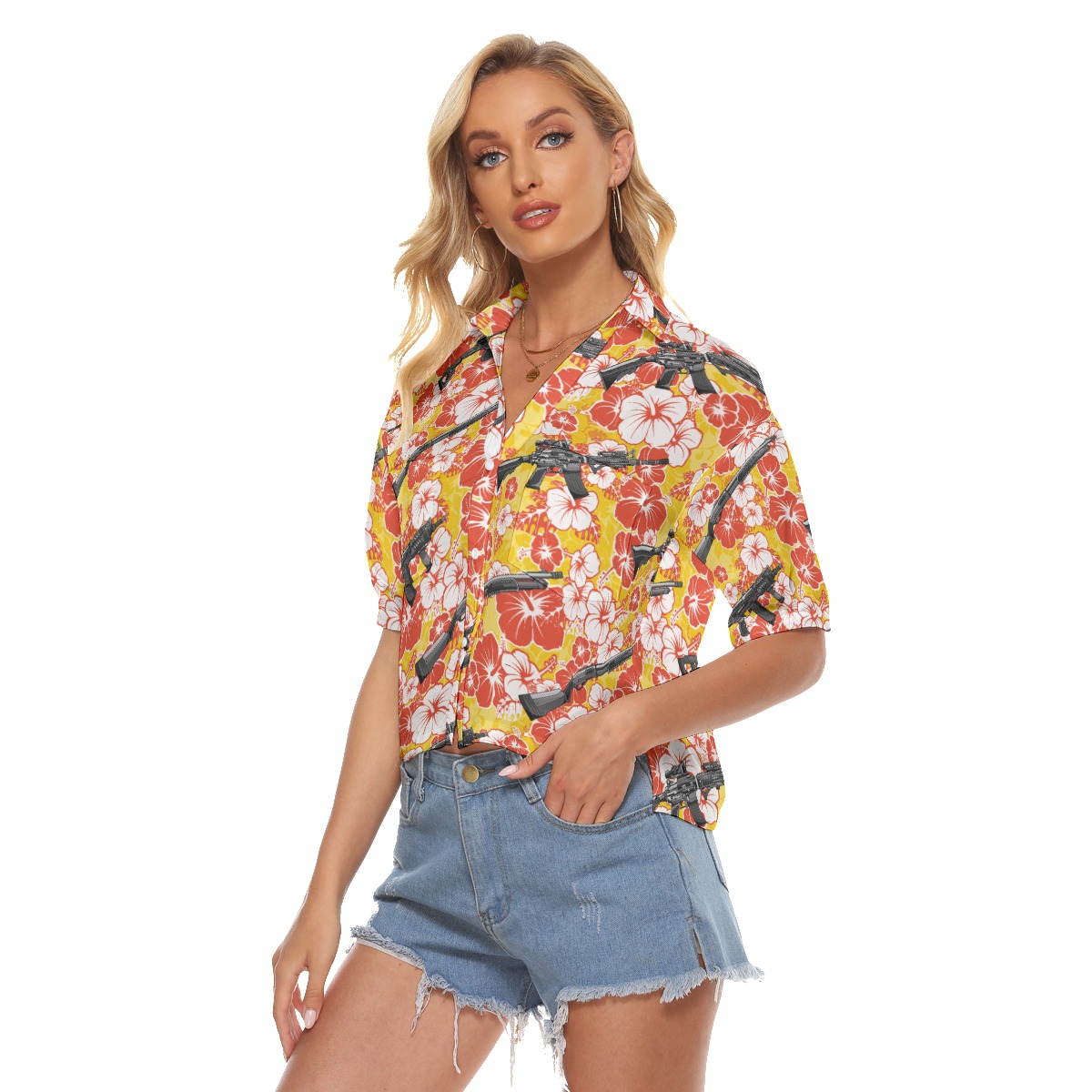 Hibiscus Tactical Gun Vintage Hawaiian Cropped Shirt For Women