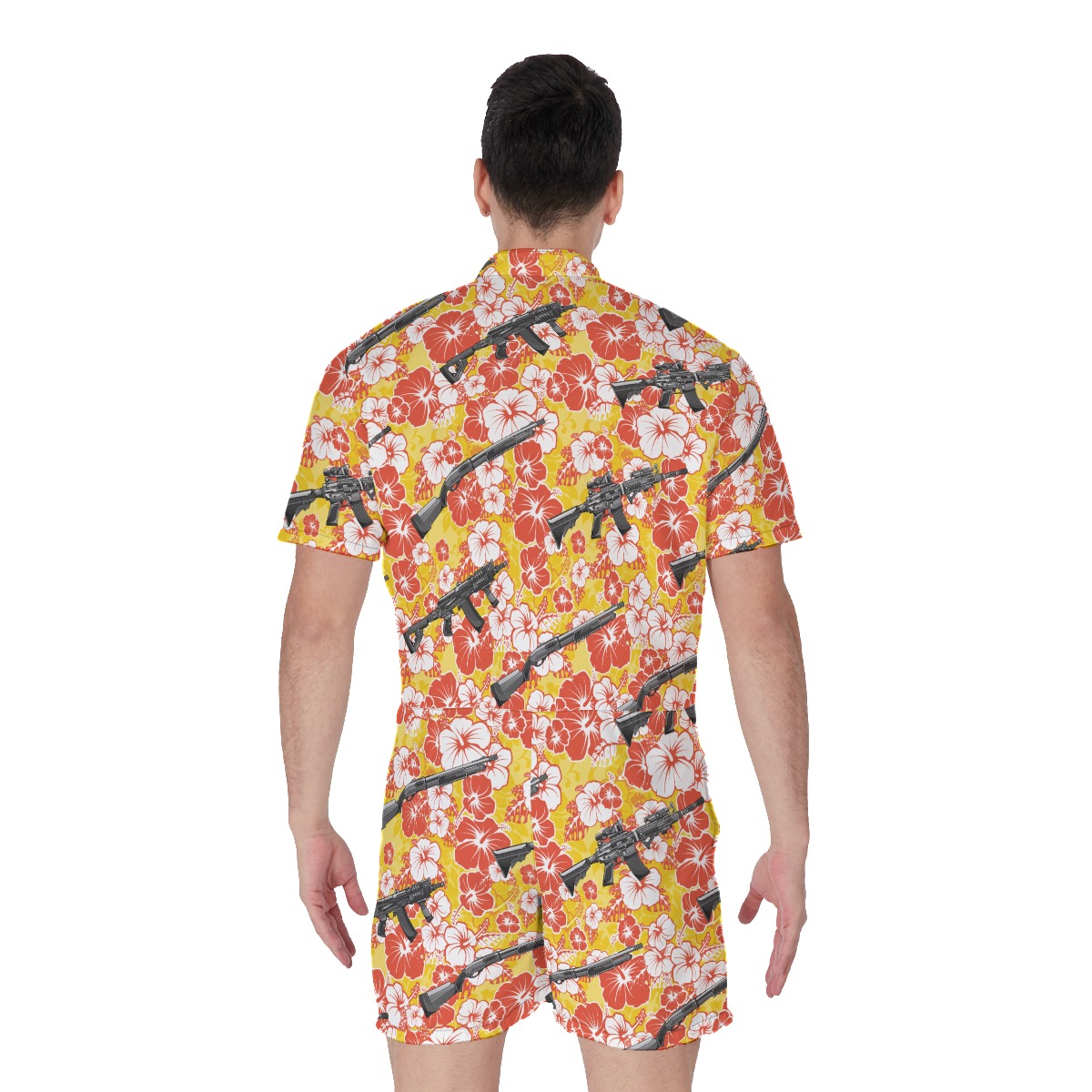 Yellow Hibiscus Tactical Gun Vintage Hawaiian Romper For Men