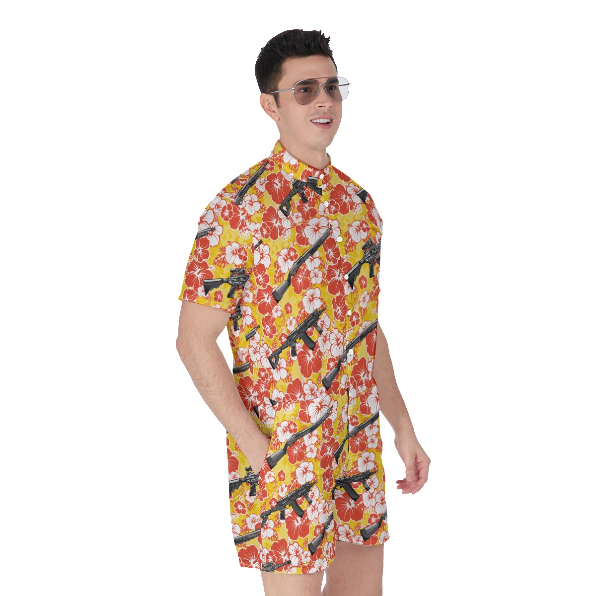 Yellow Hibiscus Tactical Gun Vintage Hawaiian Romper For Men