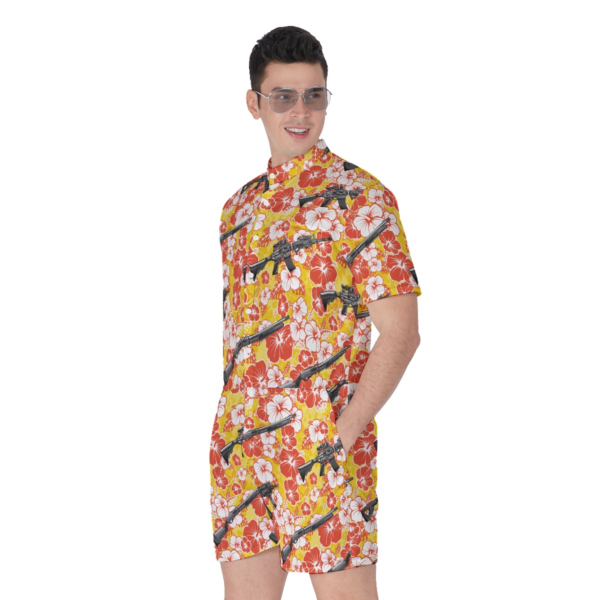 Yellow Hibiscus Tactical Gun Vintage Hawaiian Romper For Men