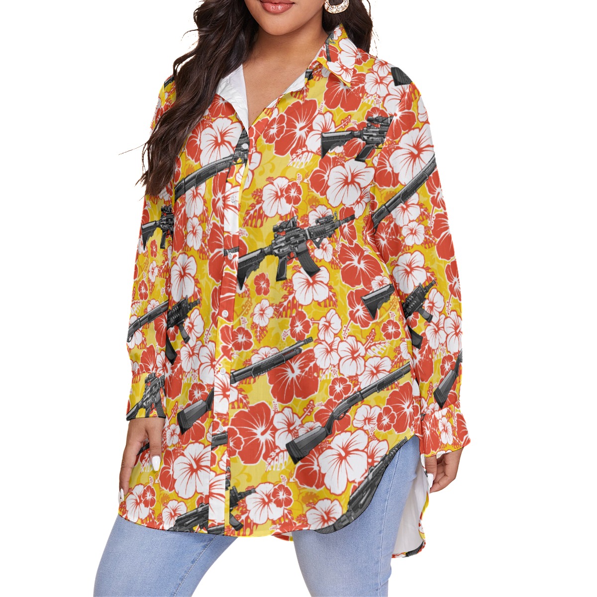 Vintage Hibiscus Tactical Gun Yellow Hawaiian Blouse Shirt