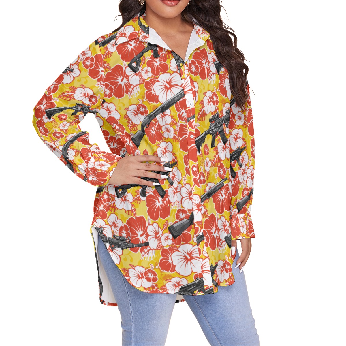 Vintage Hibiscus Tactical Gun Yellow Hawaiian Blouse Shirt