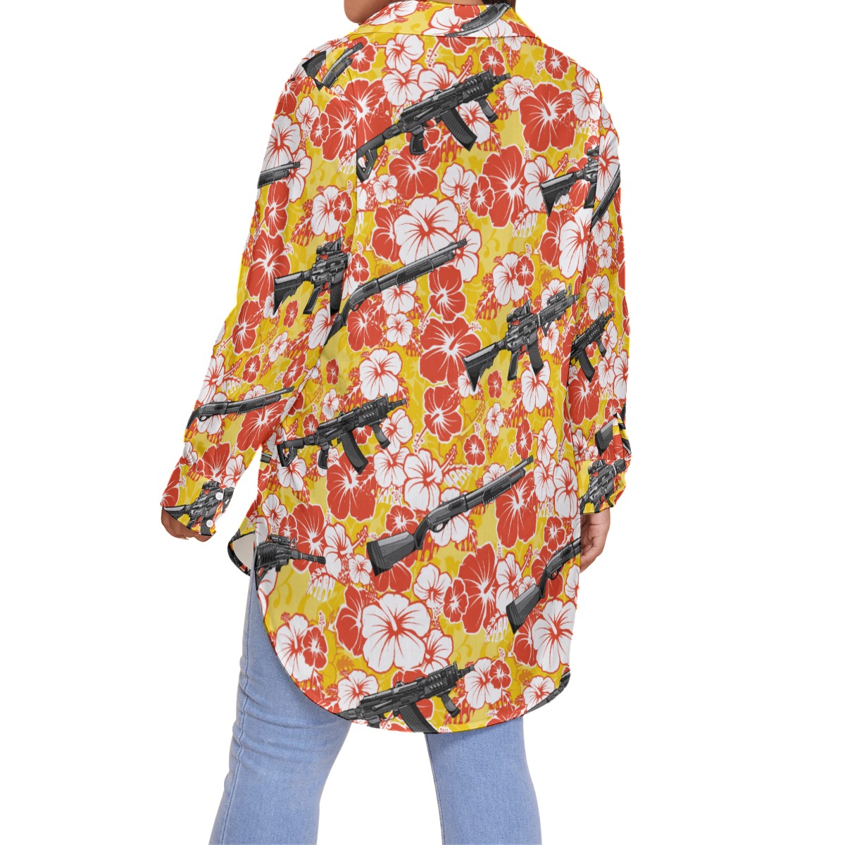 Vintage Hibiscus Tactical Gun Yellow Hawaiian Blouse Shirt