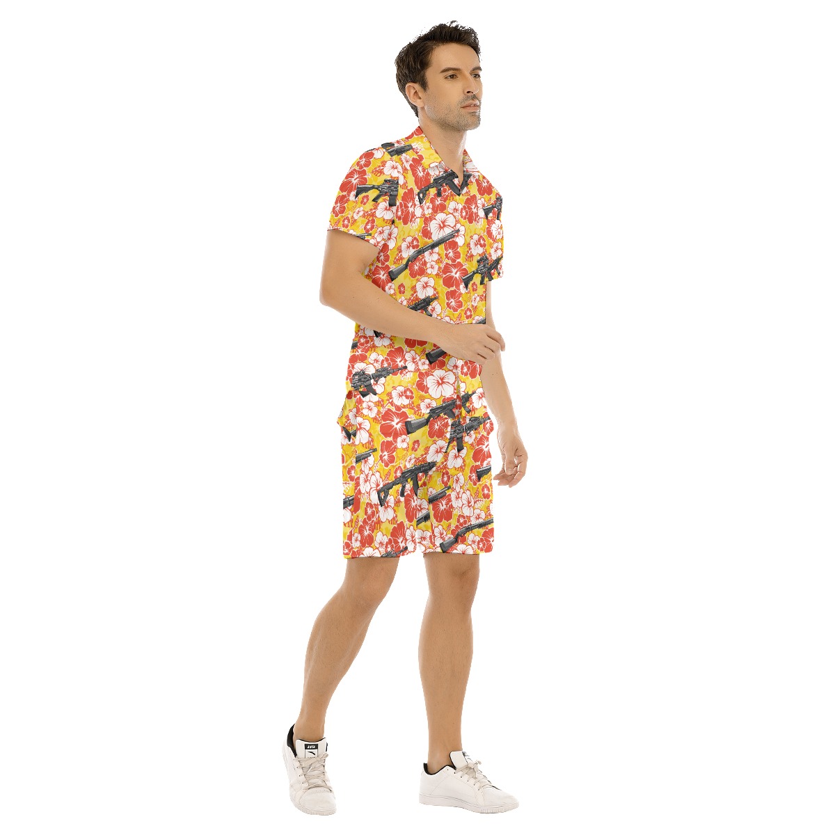 Set Floral Tactical Gun Yellow Hawaiian Shirt And Matching Shorts For Men
