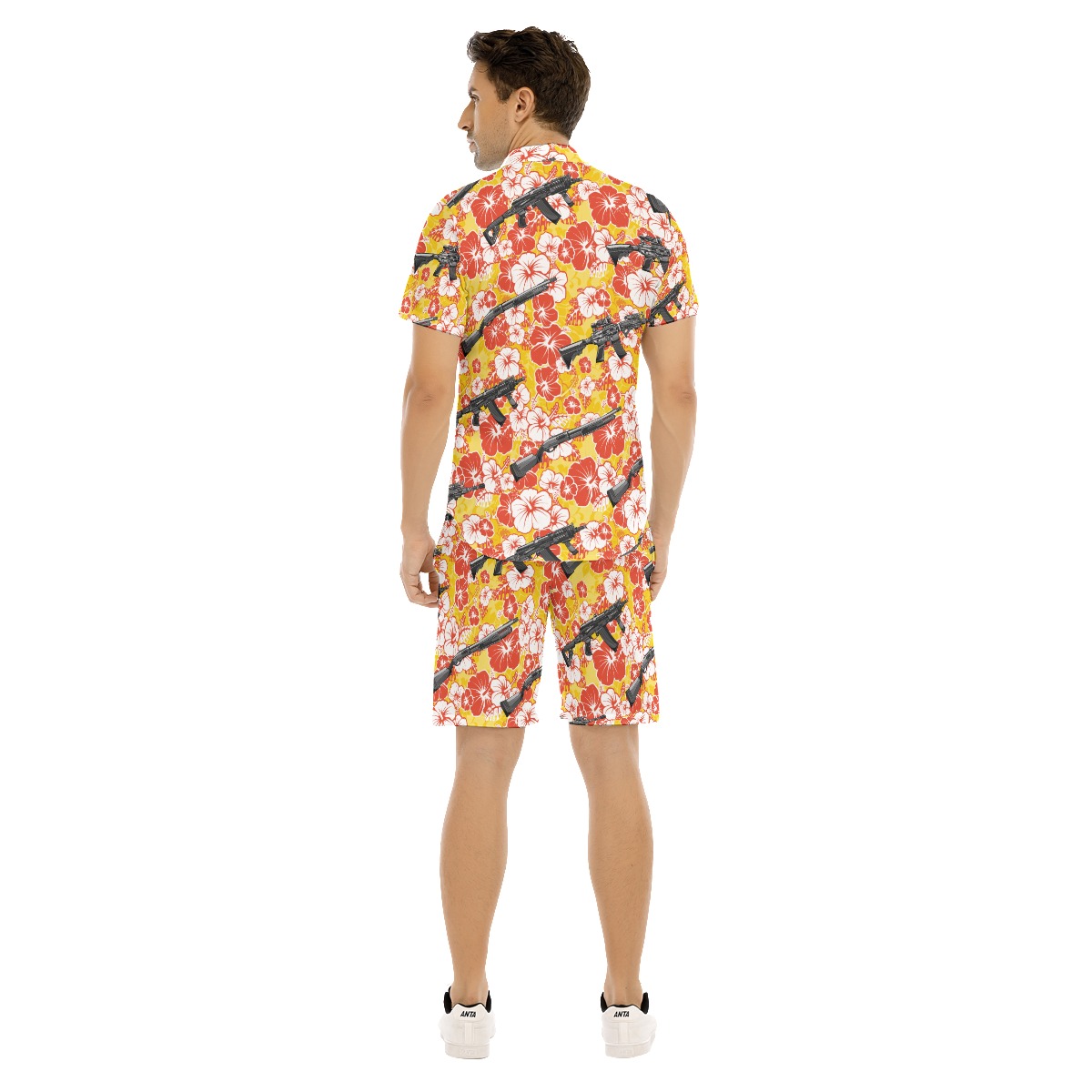 Set Floral Tactical Gun Yellow Hawaiian Shirt And Matching Shorts For Men