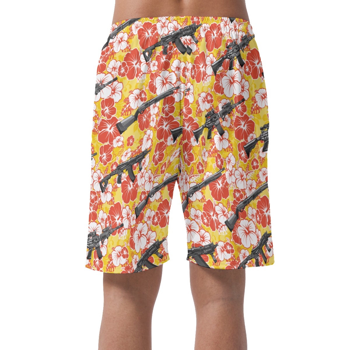 Cool Tactical Gun Hibiscus Yellow Hawaiian Beach Shorts For Men