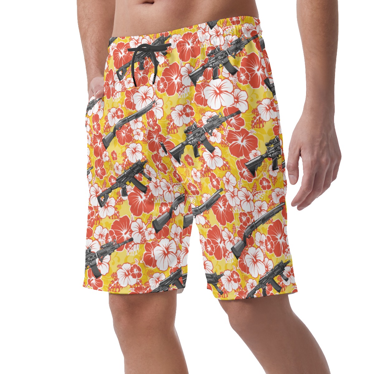 Cool Tactical Gun Hibiscus Yellow Hawaiian Beach Shorts For Men