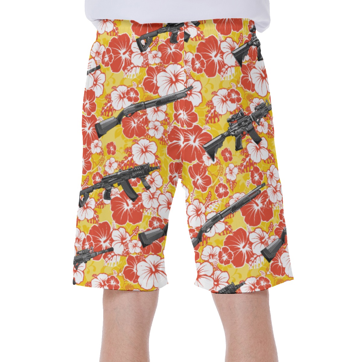 Yellow Hibiscus Gun Hawaiian Swim Trunks For Men