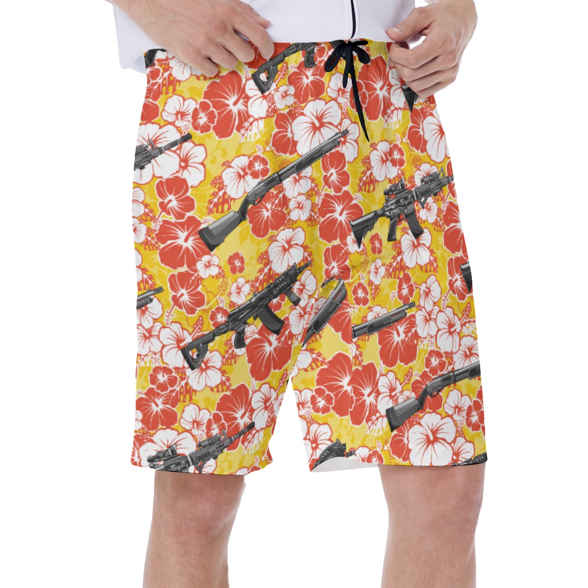 Yellow Hibiscus Gun Hawaiian Swim Trunks For Men