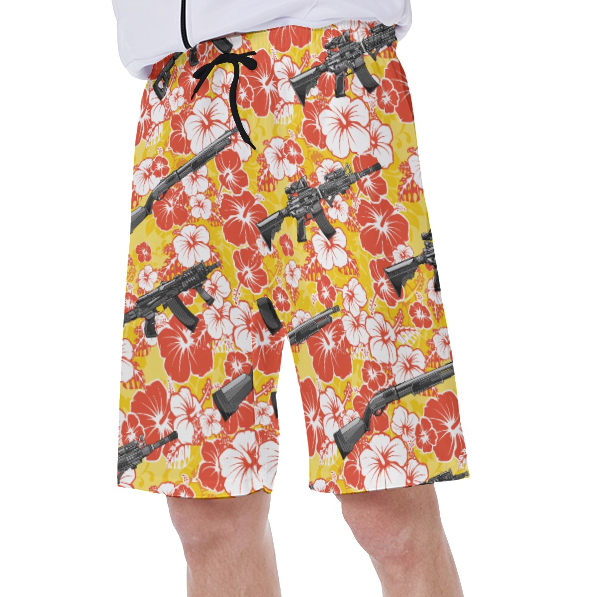 Yellow Hibiscus Gun Hawaiian Swim Trunks For Men