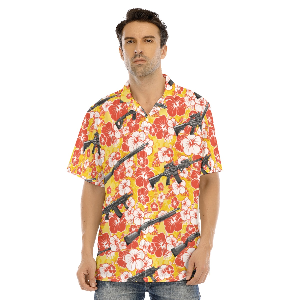 Yellow Hibiscus Tactical Gun Hawaiian Collared Shirt - variant image 1