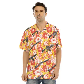 Yellow Hibiscus Tactical Gun Hawaiian Collared Shirt