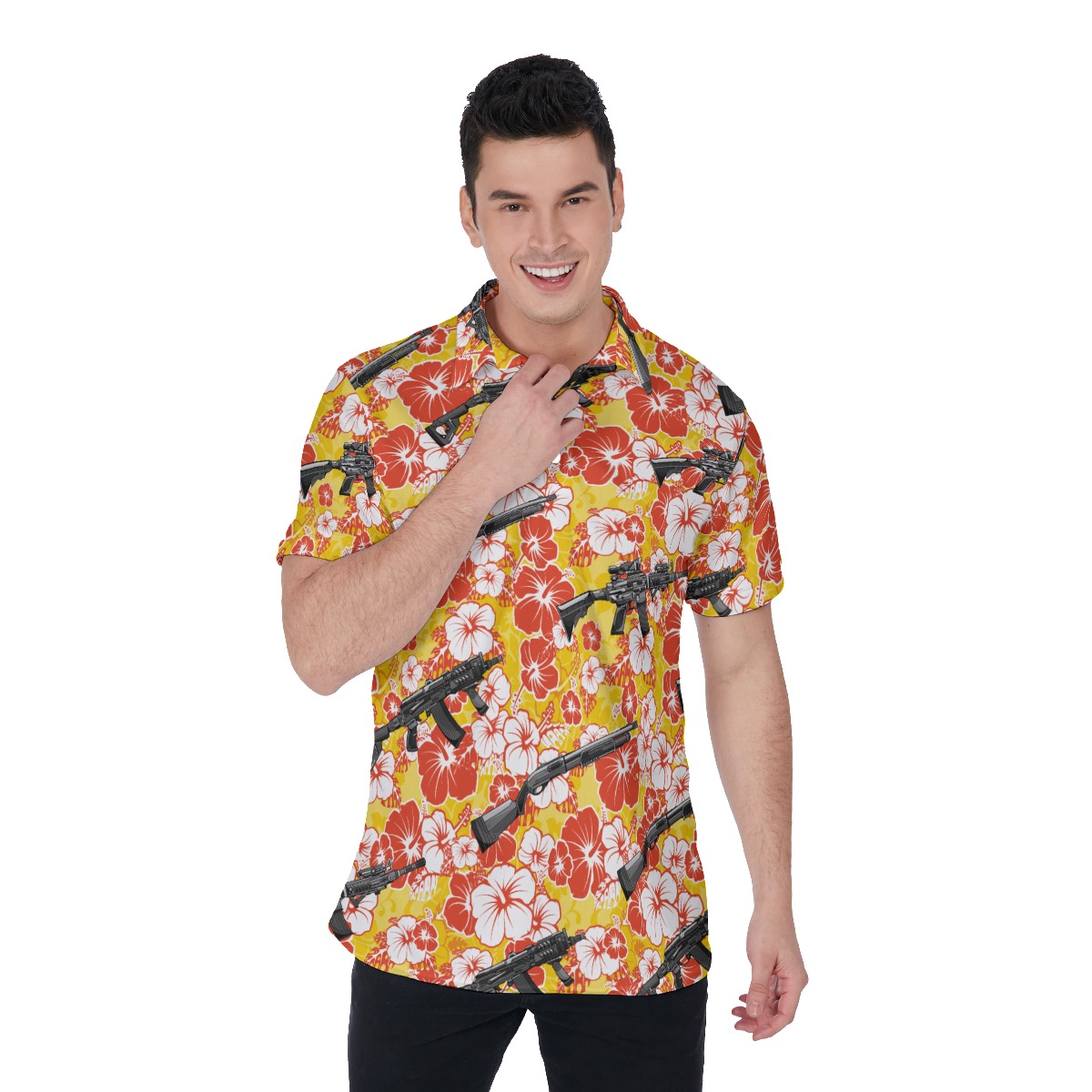 Vintage Hibiscus Tactical Yellow Hawaiian Men's Polo Shirt - variant image 1