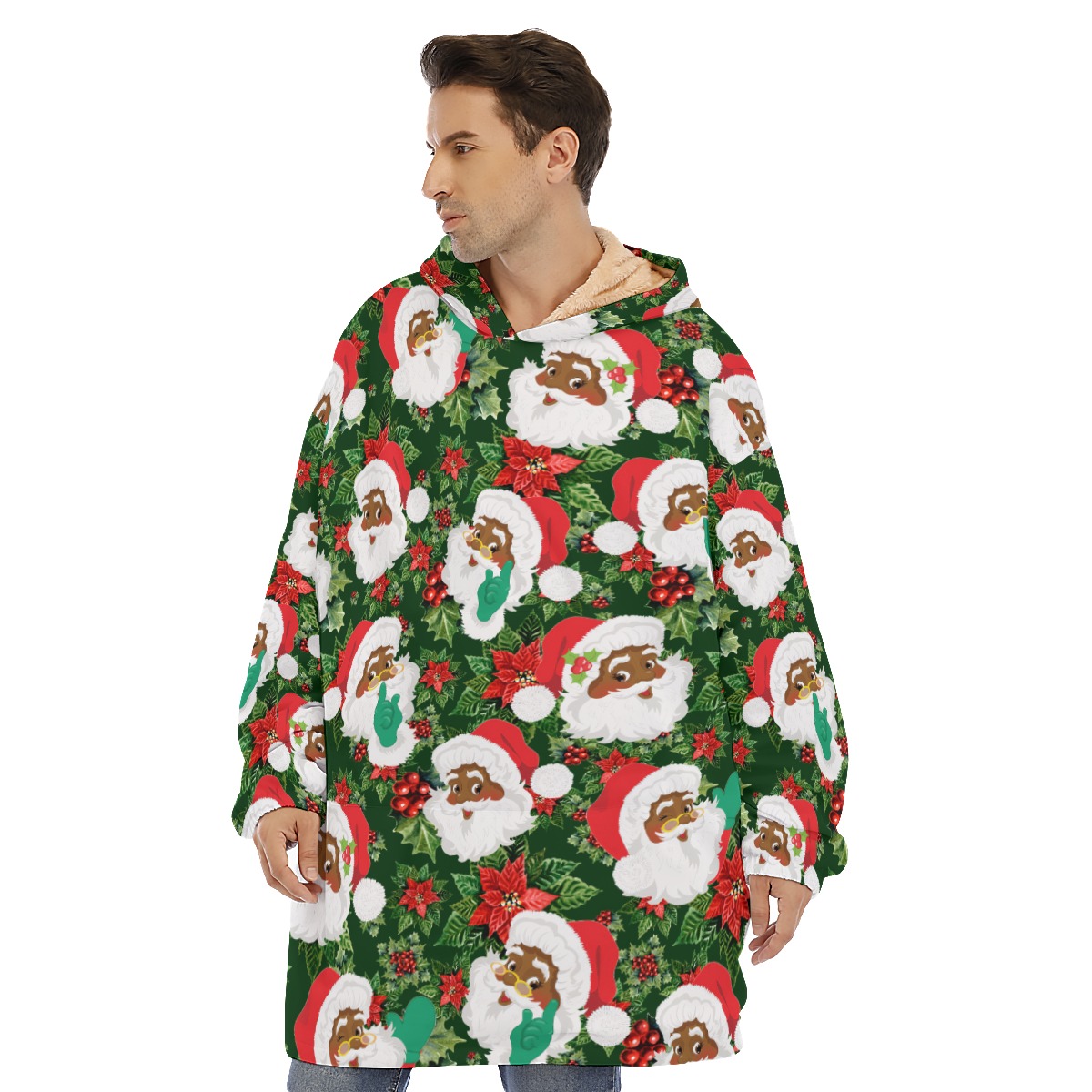 Tropical African American Santa Hawaiian Christmas Blanket Hoodie - variant image 1