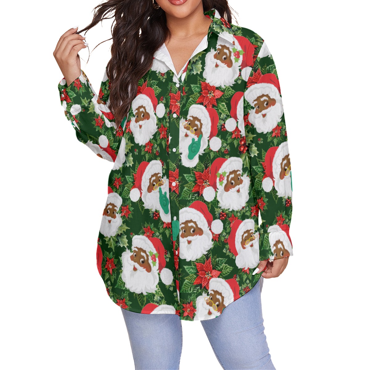 African American Black Santa Plus Size Christmas Hawaiian Shirt For Women - variant image 1
