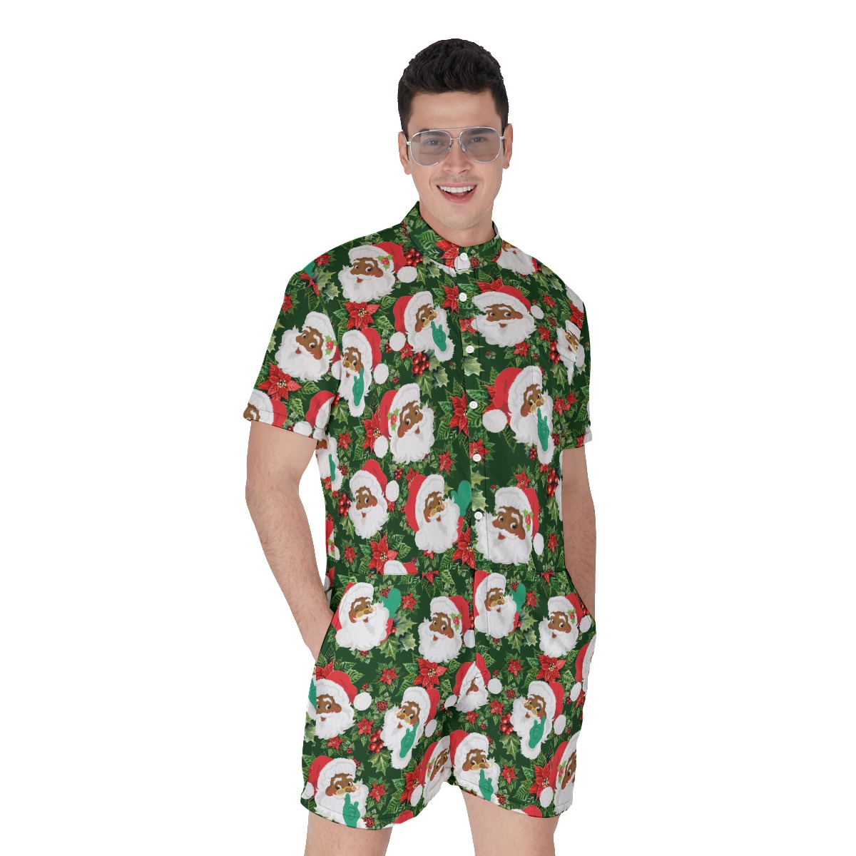 Tropical Black Santa Christmas Romper For Men - variant image 1